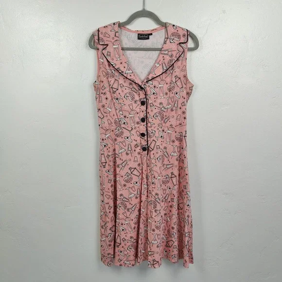 Voodoo Vixen Dress Womens Large Pink Cocktail Tiki Print Rockabilly Retro - Picture 2 of 10